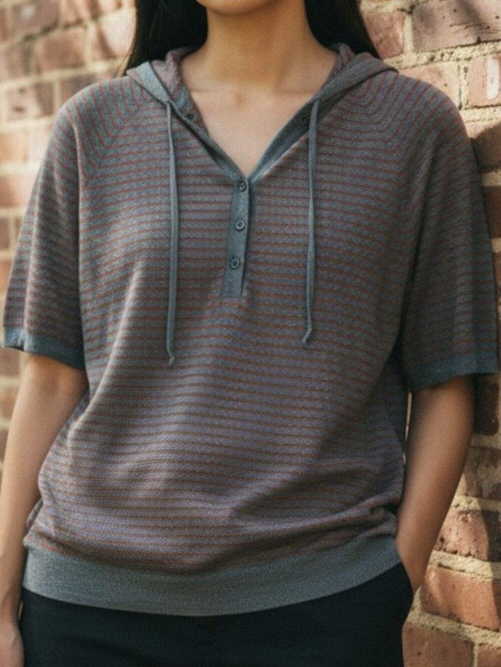 Eileen Fisher Gray and Red Striped Short Sleeve Merino Knit Hooded Shirt XS